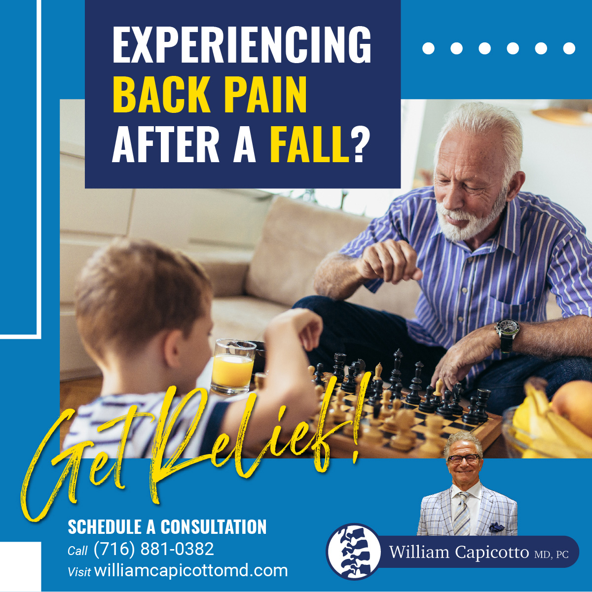 Experiencing back pain after a fall? William Capicotto MD offers surgical and non-surgical treatments to remedy back pain and spine injuries.
